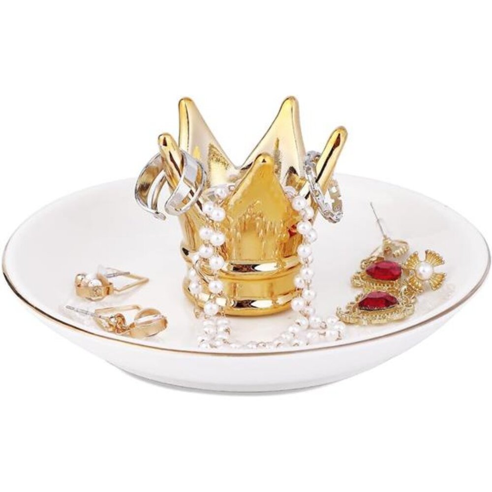 Gold Crown Ring Holder Earring Trinket Dish Jewelry Tray Necklace Bracelet